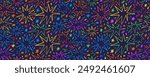 Colorful seamless pattern with doodle stars and confetti. Crayon cosmic motif with hand drawn doodle magic stars. Charcoal drawn colorful stars and squiggles. Freehand childish background.