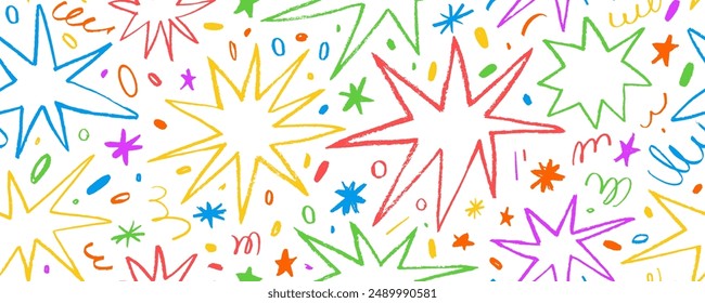 Colorful seamless pattern with doodle stars and confetti. Crayon cosmic motif with hand drawn doodle magic stars. Charcoal drawn colorful stars and squiggles. Freehand childish background.