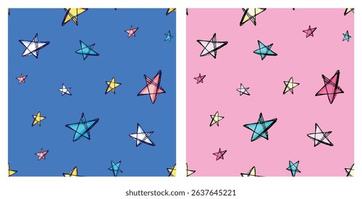 Colorful seamless pattern with doodle stars on blue background for kid textile, fabric, wrapping paper. Cosmic motif. Hand drawn doodle magic stars. Freehand childish background.