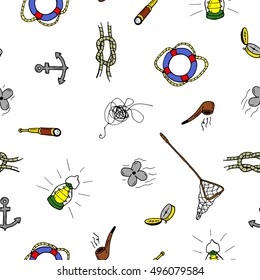 Colorful seamless pattern in doodle style.Hand drawn marine accessories.You can use each element separately.