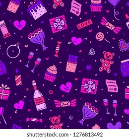 Colorful seamless pattern with doodle Valentine's day icons.