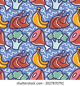 colorful seamless pattern doodles of some food. chicken barbeque, meat, broccoli, banana on blue background