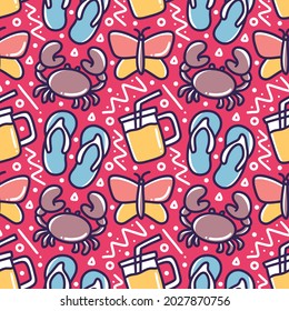 colorful seamless pattern doodles of summer elements on pink background