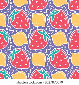 colorful seamless pattern doodles of summer fruits, strawberry and lemon. vector illustration