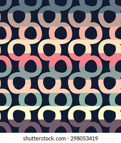 Colorful seamless pattern with dot and sun elements separated by color stripes on dark background.