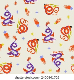 Colorful Seamless Pattern with Dragons and Stars. Chinese symbols