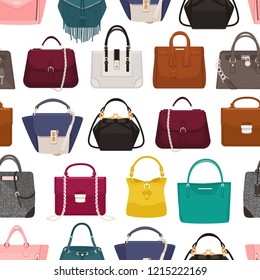 Colorful seamless pattern with elegant women's bags or handbags of various types on white background. Backdrop with stylish leather accessories. Trendy vector illustration for fabric print, wallpaper.