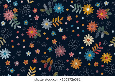 Colorido patrón transparente con flores bordadas, hojas y puntos sobre fondo oscuro. Hermosa impresión para tela. Fantasía. 