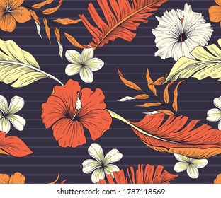 Colorful seamless pattern with exotic flowers and leaves. Dark background