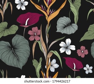 Colorful seamless pattern with exotic flowers and leaves. Dark background
