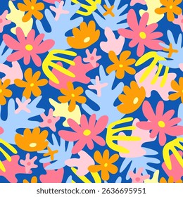 Colorful seamless pattern with exotic flowers and leaves. Floral tropical background in Henry Matisse style. Modern aesthetic summer print.