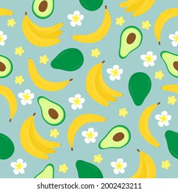 Colorful seamless pattern with exotic fruits. Vector repeat background with avocado and banana. Useful for wrapping paper, fabric design, wallpaper