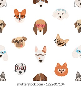 Colorful seamless pattern with faces of dogs wearing glasses or sunglasses on white background. Backdrop with smart puppies. Modern decorative vector illustration for textile print, wrapping paper.