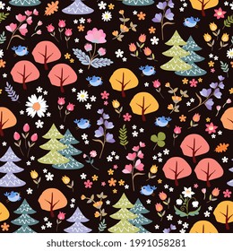 Colorful seamless pattern with fairytale forest. Trees, flowers and birds on black background. Bright textile print.