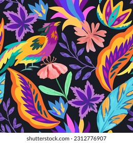 Colorful seamless pattern with fairytale ornamental motif. Fantasy bird and floral and plant organic shapes and elements. Trendy modern vector illustration.