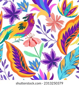 Colorful seamless pattern with fairytale ornamental motif. Fantasy bird and floral and plant organic shapes and elements. Trendy modern vector illustration.