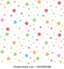 Colorful seamless pattern of falling snowflakes on a white background. Simple flat vector illustration. For the design of paper wallpaper, fabric, wrapping paper, covers, web sites.