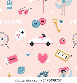 Colorful seamless pattern with famous symbols of las Vegas, Nevada state, USA.