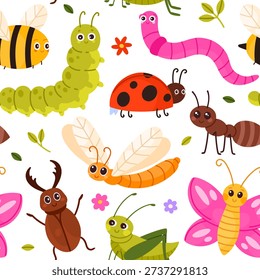Colorful seamless pattern featuring adorable cartoon insects like bees, caterpillars, ladybugs isolated on white background vector illustration