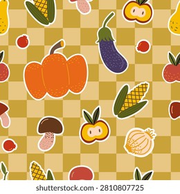 Colorful seamless pattern featuring autumn harvest vegetables and fruits, including pumpkin, corn, eggplant, and apples.