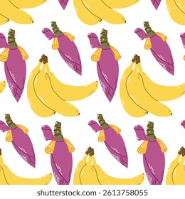 Colorful Seamless Pattern Featuring Bananas and Banana Flowers on White Background. Vivid illustration showcasing yellow bananas and purple banana flowers arranged in a seamless pattern, suitable 