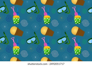 Colorful seamless pattern featuring beach items like ice cream, snorkel gear, and sand buckets. Perfect for summer-themed designs.