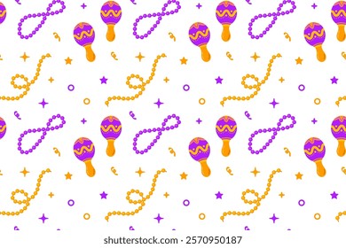 A colorful seamless pattern featuring beads, maracas, and festive elements in purple and gold