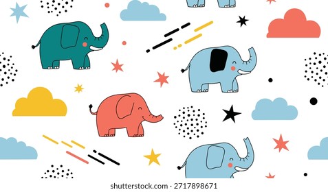 Padrão colorido sem emenda com elefantes bonitos, nuvens, estrelas e pontos, ideal para papel de parede de jardim de infância e têxteis infantis.