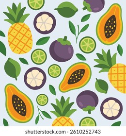 Colorful seamless pattern featuring exotic fruits such as papaya, pineapple, mangosteen, and lime. Perfect for summer designs, kitchen decor, textile, wrapping, and healthy lifestyle visuals.