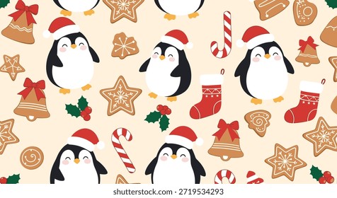 Colorful seamless pattern featuring festive penguins in santa hats, christmas bells, gingerbread stars, candy canes, and holiday stockings.