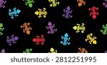 Colorful seamless pattern featuring frog skeletons on black background. Creative Halloween vector background for fabric, wrapping paper, wallpaper, textile, scrapbook and surface pattern design.