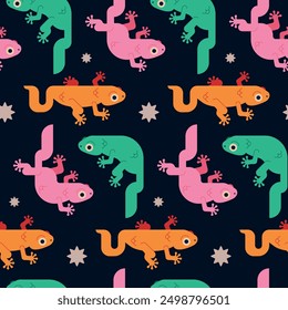 Colorful seamless pattern featuring green, pink and orange lizards on a dark background with geometric elements. A fun and vibrant design.