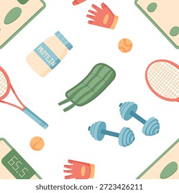 Colorful seamless pattern featuring gym equipment and workout accessories in a bright style. Dumbbells, tennis racket, gloves, and mats highlight fitness activity themes. Perfect for fitness