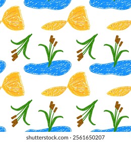 Colorful seamless pattern featuring hand-drawn ponds, golden fish, reeds, and cattails on a white background.