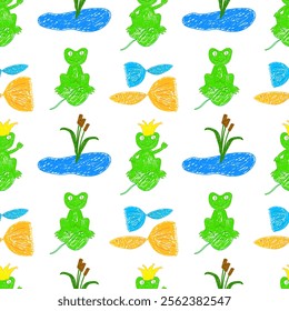 Colorful seamless pattern featuring hand-drawn frogs, crowned frogs, fish, reeds, and lily pads in a playful pond scene.