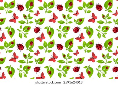 Colorful seamless pattern featuring ladybugs and butterflies among green leaves suitable for various creative projects