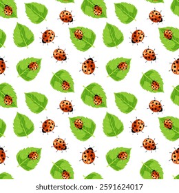 Colorful seamless pattern featuring ladybugs and green leaves in a playful design for backgrounds and textiles