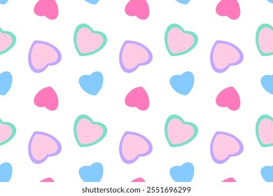 Colorful seamless pattern featuring pastel pink, blue, and green hearts with a playful, minimalist design on a white background. Ideal for Valentines Day, romantic themes, or creative projects.