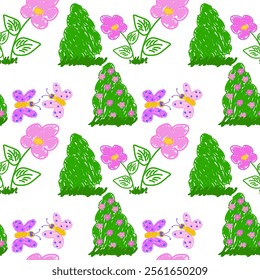 Colorful seamless pattern featuring pink flowers, green bushes, and playful butterflies on a white background.