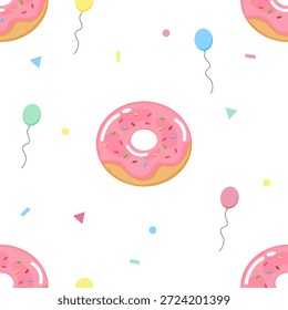 A colorful seamless pattern featuring pink glazed donuts, balloons, and confetti. Perfect for party decorations, birthday gift wrapping, bakery packaging, and nursery wallpapers. Vector illustration