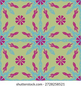 A colorful seamless pattern featuring pink floral circles, fish-like motifs, and blue geometric frames on a soft green background. Ideal for fabrics, wallpapers, fashion prints, stationery, and digital design.