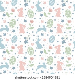 Colorful seamless pattern featuring rabbits, flowers, and Easter eggs in a playful design suitable for spring celebrations and decorations