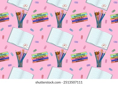 Colorful seamless pattern featuring school supplies, textbooks, and notebooks. Perfect for back-to-school themed designs.