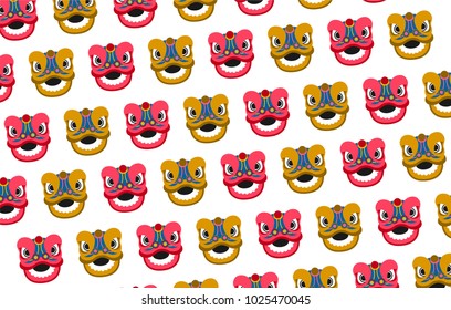 A colorful seamless pattern featuring symbolic lion masks used in traditional Chinese celebrations. The red and gold tones evoke festivity, luck, and culture, making this design ideal for festive or t