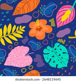 Colorful seamless pattern featuring tropical leaves, hibiscus flowers, and abstract shapes on dark background. Ideal for fabric, summer projects, wrapping paper, and digital design.