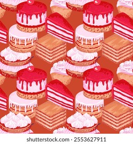 Colorful seamless pattern featuring a variety of decadent desserts like layer cakes, cupcakes, and pastries cream   in shades brown background. Design for bakery branding, fabric designs, packaging.