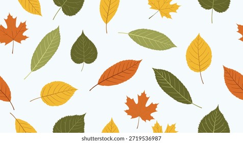 Colorful seamless pattern featuring a variety of autumn leaves in shades of orange, yellow, and green scattered on a light blue backdrop.