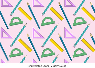 A colorful seamless pattern featuring various school supplies such as pencils, rulers, and protractors, perfect for back-to-school designs.