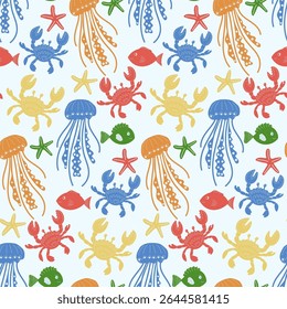 Colorful seamless pattern featuring various sea creatures including crabs, jellyfish, fish, and starfish on a light background