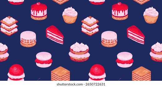 Padrão colorido sem emenda com várias deliciosas sobremesas como bolos, macarões e doces no fundo azul-marinho. Design para embrulhar papel, embalagem de padaria, designs de tecido e decoração de café.